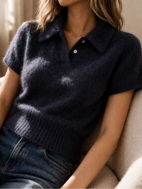 Vintage Limited Navy Angora Blend Fuzzy Polo Sweater XS Y2K